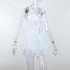 Button patchwork chiffon ruffle low cut mini dress - Final Sale