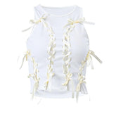 Sleeveless round neck lace up hollow out ribbed crop top