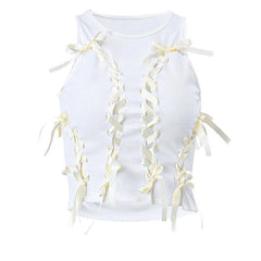 Sleeveless round neck lace up hollow out ribbed crop top