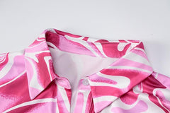 Print turnover collar ruched button-through midi dress