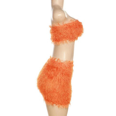Fluffy solid backless tube mini skirt set
