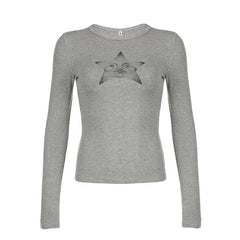 Star pattern long sleeve crewneck contrast top