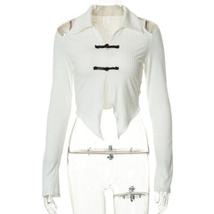 Textured button off shoulder turnover collar long sleeve crop top