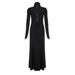 Lace up hollow out solid long sleeve maxi dress
