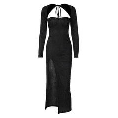 Textured long sleeve lace up self tie slit irregular ruched midi dress
