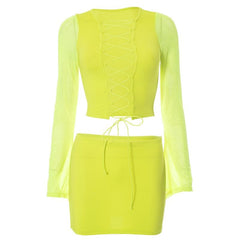 Long sleeve hollow out lace up mesh mini skirt set