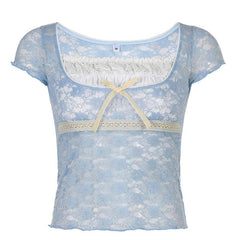 Square neck lace ruffled short sleeve bowknot top