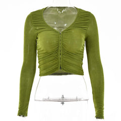 Solid long sleeve v neck ruched button crop top