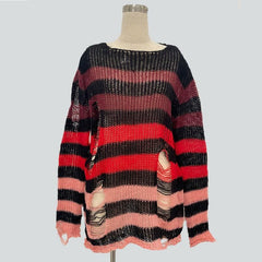 Gradient hollow out contrast striped long sleeve crochet top