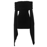 Long flared sleeve solid off shoulder ruched mini dress