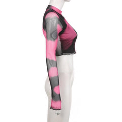 Long sleeve high neck gloves tie dye mesh crop top