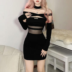 Solid mesh off shoulder cross front gloves metal tag mini dress