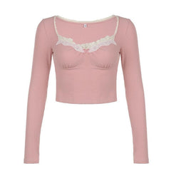 Ribbed lace hem long sleeve ruched contrast top