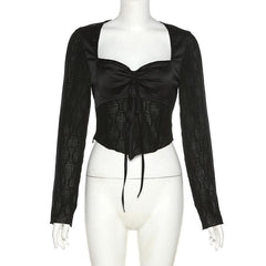 Mesh patchwork drawstring long sleeve crop top