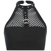 Mesh buckle halter backless solid crop top
