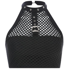 Mesh buckle halter backless solid crop top