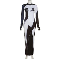 Long sleeve contrast gloves crewneck abstract midi dress