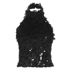 Furry glitter halter backless button mesh crop top