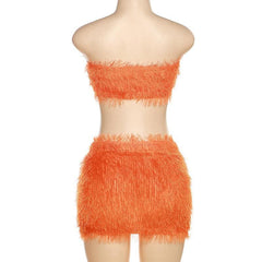 Fluffy solid backless tube mini skirt set