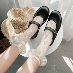 Lace ruffle satin solid long socks