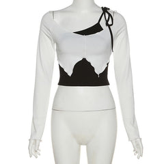 Long sleeve round neck ruffle one shoulder self tie slit 2 piece crop top