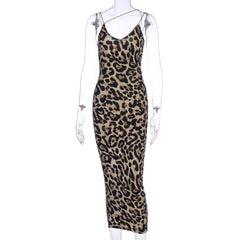 Leopard print contrast spaghetti strap u neck backless midi dress