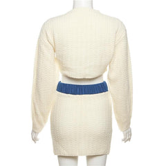 Crewneck long sleeve crochet contrast patchwork mini skirt set