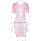Fishnet hollow out lace up short sleeve solid mini dress