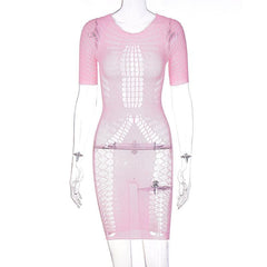 Fishnet hollow out lace up short sleeve solid mini dress