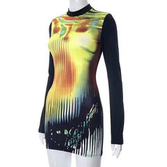 Contrast print long sleeve high neck patchwork mini dress