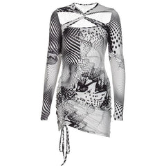 Long sleeve cross front print ruched drawstring dress