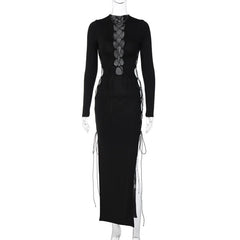 Long sleeve solid hollow out slit self tie lace up midi dress
