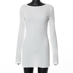 Textured solid self tie backless long sleeve ruffle mini dress