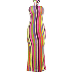 Halter self tie backless striped contrast maxi dress