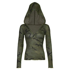 Camouflage contrast hoodie button long sleeve top