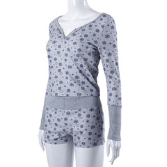 Contrast print long sleeve button patchwork pant set