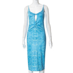 Ruched knotted slit print hollow out backless cami midi dress