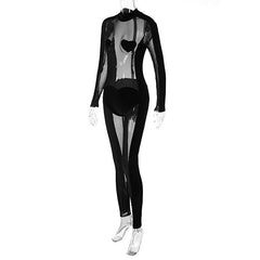 Mesh solid long sleeve sweetheart pattern jumpsuit