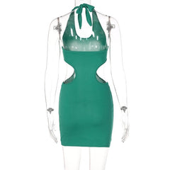 Sleeveless solid v neck halter self tie backless hollow out mini dress