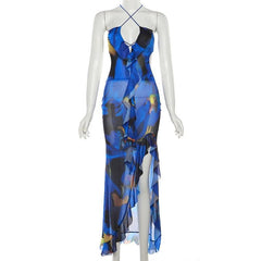 Cross front backless sheer mesh see through slit contrast print maxi dress