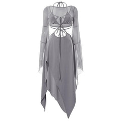 Irregular flared sleeve halter self tie solid mesh shrug midi dress