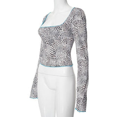 Polka dot contrast long sleeve square neck top