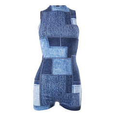 Contrast sleeveless denim print high neck romper