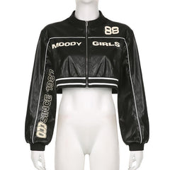 Long sleeve PU leather zip-up high neck coat top