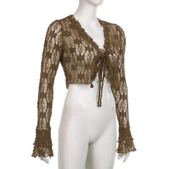 Lace v neck self tie see through flared sleeve solid crop top