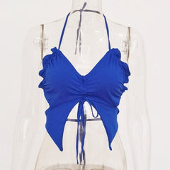 Double layered butterfly halter solid self tie backless top