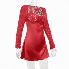 Lace zip-up long sleeve patchwork padded mini dress