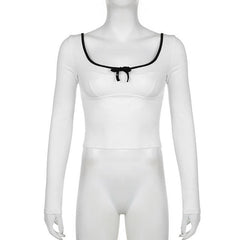 Square neck bowknot contrast long sleeve crop top