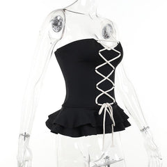 Lace up contrast ruffle corset notch neck tube crop top