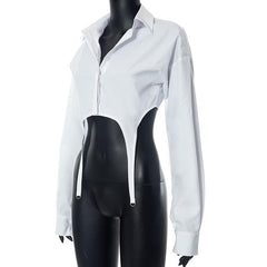 Turnover collar button long sleeve solid crop top